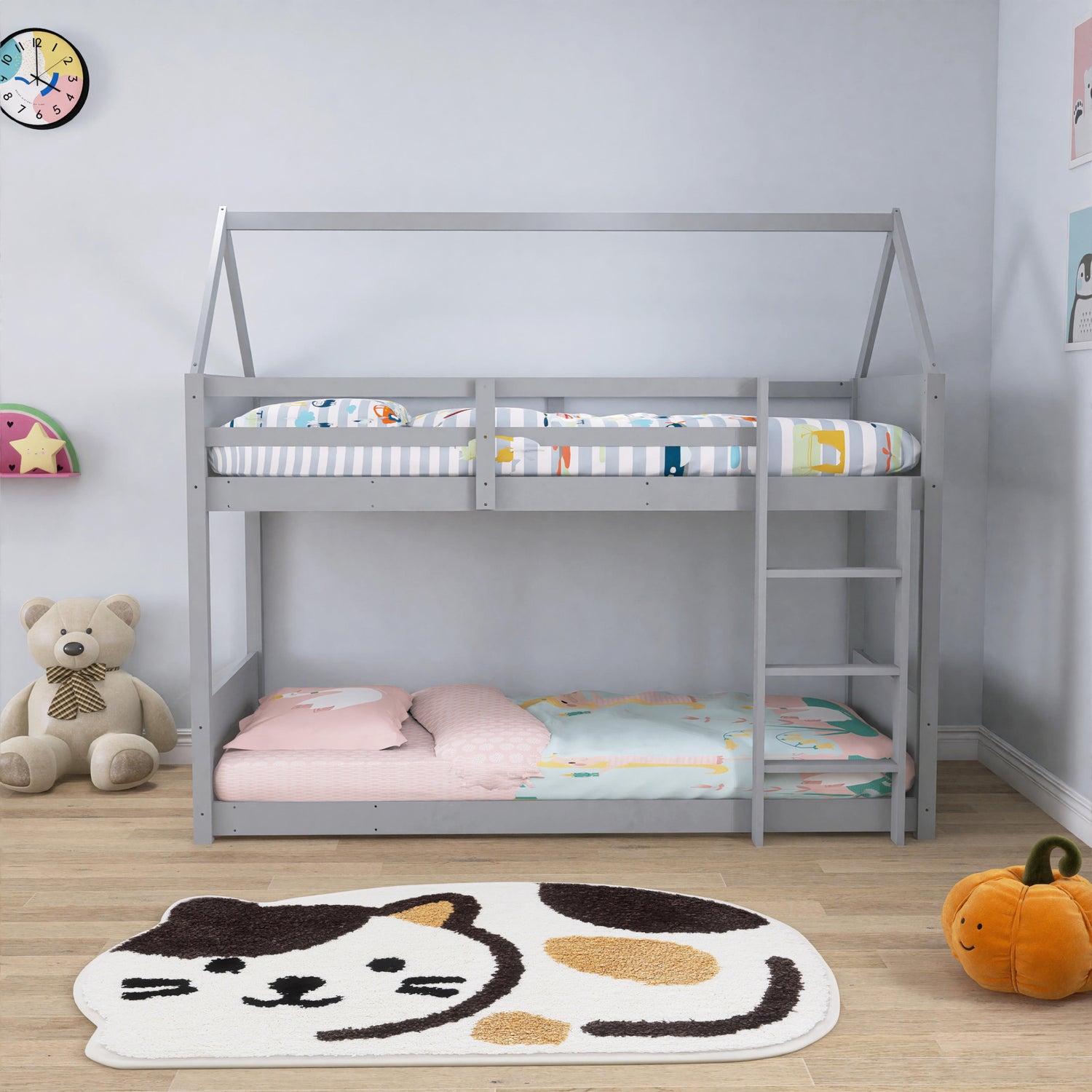 Kids House Bed Twin Montessori Floor Bed with Rails, Metal Double
